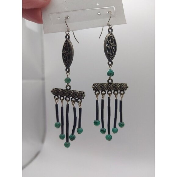 Boho 3.5" Dangle Earrings With Turquoise Beads 70s vintage - Picture 5 of 6